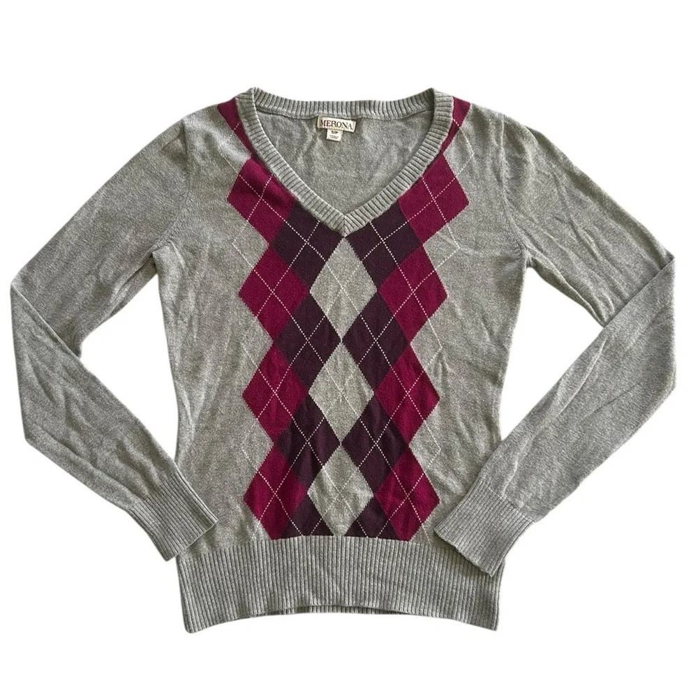 Argyle Plaid Burgundy Grey Preppy Cotton Long Sleeve Sweater Size Small